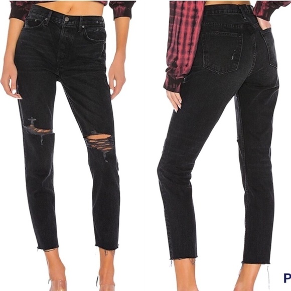 GRLFRND Karolina Raven Black Denim Distressed Cropped Jeans Pants Button Fly 24 - Picture 1 of 16